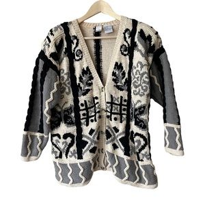 Vtg 90s Units Chunky Knit Cardigan Sweater XOXO Ivory Black Gray Sz Small